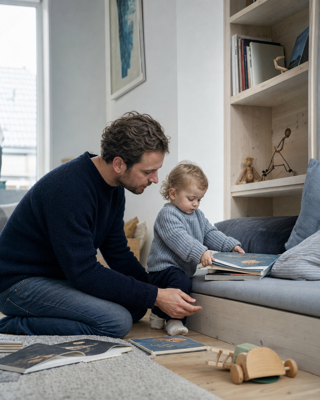 Father and toddler reading together