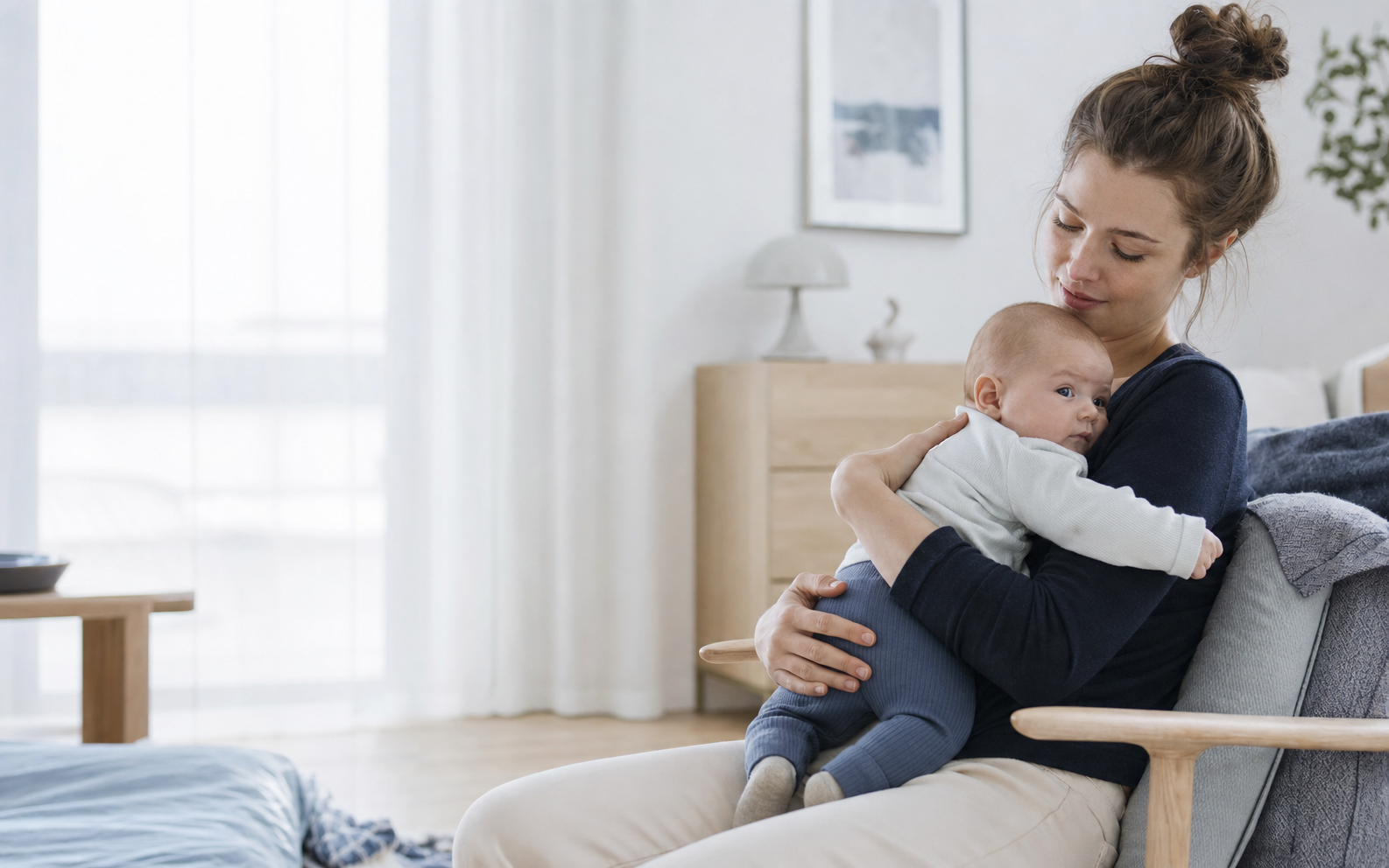 Mutter hält ihr Baby in einem hellen Zuhause